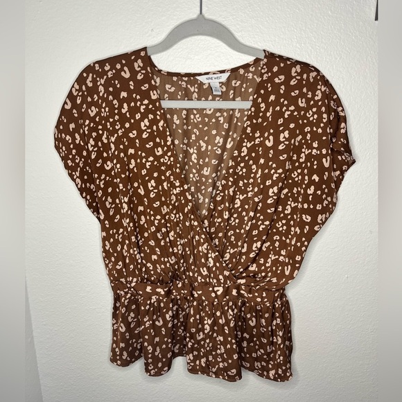 Nine West Brown Leopard Print Wrap Peplum Top – Size M - Picture 1 of 4